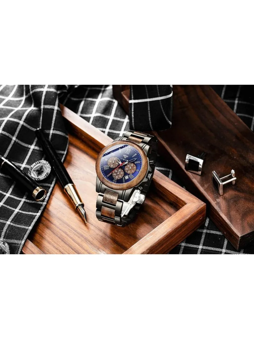 Men's Black Blue Stainless Steel Chronograph Quartz Multifunctional Wooden Watch
